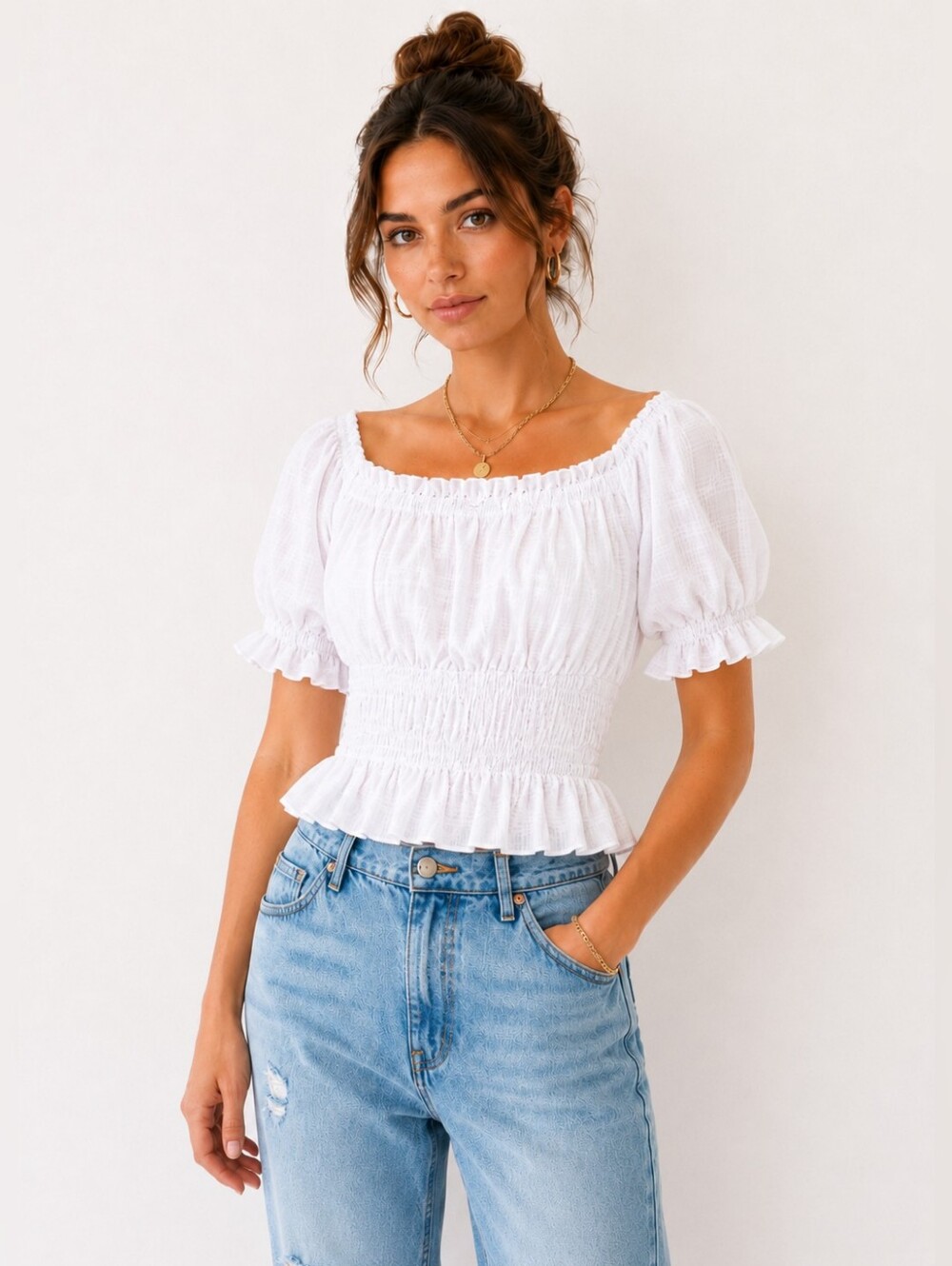 Story On | White Smocked Peplum Top |  Cottagecore Blouse | Size Medium